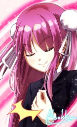  1girl ^^^ absurdres black_jacket black_suit bun_cover clenched_hand closed_eyes closed_mouth collared_shirt commentary double_bun facing_viewer hair_between_eyes hair_bun hair_ribbon hand_up heaven_burns_red highres jacket kunimi_tama kunimi_tama_(twilight_memories) light_particles long_hair long_sleeves mok_kan official_alternate_costume pink_background pink_hair ribbon shirt sidelocks signature simple_background smile smug solo straight_hair suit suit_jacket untranslatable_commentary upper_body v-shaped_eyebrows very_long_hair white_ribbon white_shirt 