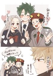  1girl 3boys bakugou_katsuki black_necktie black_sailor_collar black_serafuku blazer blonde_hair blush boku_no_hero_academia bow chamogonsumi closed_eyes collared_shirt commentary_request eri_(boku_no_hero_academia) freckles green_hair grey_hair grey_jacket hat highres horns izumi_kota jacket long_hair long_sleeves midoriya_izuku multiple_boys necktie open_mouth pants pout red_bow red_eyes red_necktie sailor sailor_collar scar school_uniform serafuku shirt short_hair simple_background single_horn smile spiky_hair teeth u.a._school_uniform white_hair white_shirt 