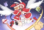  blush boots christmas gift gloves hat hoshizora_rin long_hair multiple_girls nishikino_maki santa_costume santa_hat short_hair smile takanashi_sora_(soramyon) thigh-highs 