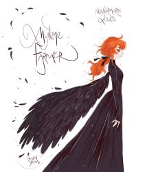  1girl 2023 arms_at_sides artist_name black_dress black_eyeshadow black_feathers black_ribbon black_wings character_name closed_eyes closed_mouth commentary david_gilson dress eyeshadow falling_feathers feathered_wings feathers floating_hair french_commentary from_side hair_ribbon highres long_dress long_hair loose_hair_strand low_ponytail makeup mylene_farmer orange_hair ponytail profile real_life ribbon simple_background sleeves_past_wrists solo turtleneck turtleneck_dress wavy_hair white_background wings 