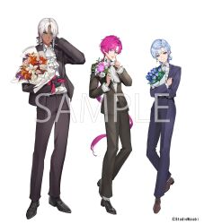  3boys :p akuma_shitsuji_to_kuroi_neko alternate_costume aqua_eyes ascot bandaged_arm bandaged_neck bandages belt black_belt black_gloves black_jacket black_pants black_shoes black_suit blue_bow blue_bowtie blue_eyes blue_flower blue_hair blue_jacket blue_pants blue_suit blue_tulip bouquet bow bowtie braid braided_sidelocks brown_jacket brown_pants brown_shoes brown_suit closed_mouth collared_shirt commentary_request copyright_notice cross cross_earrings cuff_links curtained_hair dark-skinned_male dark_skin earrings face_piercing finger_to_mouth flower flower_request flure_garcia frilled_sleeves frills full_body gloves hair_between_eyes hair_rings hand_on_own_neck highres holding holding_bouquet hugging_object hypericum_berry index_finger_raised jacket jewelry lapels lato_bacca lineup lip_piercing long_hair long_sleeves looking_at_viewer low_ponytail male_focus marumoru miyaji_oldia multiple_boys notched_lapels official_art open_clothes open_jacket orange_flower oxfords pants parted_bangs patchwork_skin piercing pink_eyes pink_flower pink_hair pink_rose poinsettia ponytail red_flower rose sample_watermark shirt shoes short_bangs short_hair short_ponytail side_braid sidelocks simple_background single_hair_ring socks standing suit suit_jacket suit_pants tongue tongue_out tulip very_long_hair watermark white_ascot white_background white_bow white_bowtie white_flower white_hair white_rose white_shirt white_socks wingtip_collar 