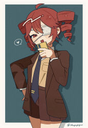  1girl :d ahoge blue_necktie blush border brown_jacket brown_skirt cellphone commentary_request cowboy_shot dot_nose double-parted_bangs drill_hair drop_shadow eyepatch green_background hair_between_eyes heart highres holding holding_phone jacket kasane_teto layered_sleeves long_sleeves looking_at_viewer medical_eyepatch miniskirt monitoring_(vocaloid) necktie okayu_(okayuyuyu2) open_clothes open_jacket open_mouth outside_border phone pleated_skirt red_hair shirt short_hair sidelocks simple_background skirt smartphone smile solo spoken_heart tie_clip twin_drills utau white_border yellow_shirt 