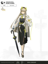  1girl absurdres alternate_costume arknights asymmetrical_clothes belt black_dress black_hairband blunt_bangs breasts brown_hair chinese_commentary closed_umbrella commentary_request doraneko_(1744546605) dress earrings elf full_body gloves hairband half_gloves highres holding holding_umbrella id_card infection_monitor_(arknights) jewelry laurel_crown long_hair long_sidelocks looking_at_viewer mole mole_under_eye muelsyse_(arknights) multiple_belts neckerchief pointy_ears rhine_lab_logo sidelocks small_breasts solo sparkle standing straight_hair strapless strapless_dress teardrop_earrings umbrella very_long_hair vinyl_record white_gloves yellow_eyes 