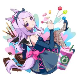 1girl akane_(akane112234) animal_ears blue_dress blue_hairband blush bow breasts candy chocolate closed_mouth commentary_request cup detached_sleeves disposable_cup dress drinking_straw ear_bow ear_ribbon fake_horns fishnet_pantyhose fishnets food full_body hairband highres holding holding_candy holding_food holding_lollipop horn_hairband horns horse_ears horse_girl horse_tail logo_parody lollipop long_hair mejiro_mcqueen_(umamusume) pantyhose pink_bow pocky purple_hair shoes sleeveless sleeveless_dress smile solo starbucks tail tongue tongue_out umamusume violet_eyes 