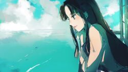  1girl biiko_(king1015g) brown_hair clouds commentary_request head_rest highres light_smile lin_(sen_to_chihiro_no_kamikakushi) long_hair looking_ahead looking_down ocean outdoors pink_lips profile sen_to_chihiro_no_kamikakushi sidelocks single_bare_shoulder solo 