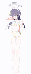 1girl absurdres ahoge bikini black_hair blue_archive blush braid commentary_request halo highres korean_commentary leaf_print long_hair looking_at_viewer miyu_(blue_archive) miyu_(swimsuit)_(blue_archive) navel nem_ren official_alternate_costume open_mouth solo swimsuit twin_braids white_bikini 