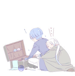  1boy 1girl absurdres blanket chibi closed_eyes commentary_request elf frieren highres himmel_(sousou_no_frieren) hug hug_from_behind long_hair mimic orb pants pointy_ears sachinyopo short_hair simple_background sitting sleeping sousou_no_frieren towel twintails white_background white_hair white_pants zzz 