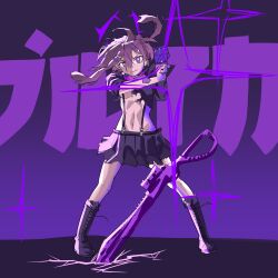  1girl absurdres adapted_costume blue_archive boots breasts bright_pupils character_name commentary_request cosplay crossover full_body hair_ornament hairclip halo hand_up haruka_(blue_archive) highres kill_la_kill korean_commentary lace-up_boots long_sidelocks matoi_ryuuko matoi_ryuuko_(cosplay) midriff navel physics planted planted_sword pleated_skirt pose_imitation purple_background purple_boots purple_hair purple_halo purple_skirt purple_theme scissor_blade_(kill_la_kill) seacada short_hair short_hair_with_long_locks sidelocks skirt small_breasts sparkle standing suspender_skirt suspenders sword under_boob violet_eyes weapon white_pupils 