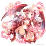  1girl breasts c: cleavage dragon_tail dragon_wings dungeon_&amp;_valkyrie horn looking_at_viewer navel official_art original pink_hair silver_hair solo tail wings yamadori_ofuu 