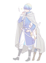  1boy 1girl absurdres belt black_pantyhose blue_hair boots brown_boots capelet cloak commentary_request elf frieren full_body grey_cloak height_difference highres himmel_(sousou_no_frieren) long_hair long_sleeves pants pantyhose pointy_ears sachinyopo short_hair simple_background skirt sousou_no_frieren twintails white_background white_capelet white_hair white_skirt 