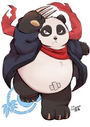  animal_ears bandaid_on_navel barefoot belly black_fur blue_kimono claws commentary_request digimon fat highres japanese_clothes kimono multicolored_fur panda_ears pandamon plump red_eyes red_scarf scarf shirokumaou signature white_background white_fur yukata 