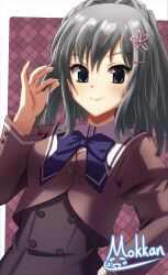  >:) 1girl absurdres akane-iro_ni_somaru_saka blue_bow blue_bowtie blue_eyes blush border bow bowtie brown_jacket buttons closed_mouth commentary cowboy_shot cropped_jacket double-breasted dutch_angle grey_hair hair_between_eyes hair_intakes hair_ornament hairclip hand_on_own_hip hand_up highres holding_own_hair jacket juliet_sleeves katagiri_yuuhi long_sleeves looking_at_viewer medium_hair mok_kan outside_border pink_background puffy_sleeves school_uniform sidelocks signature simple_background smile smug solo split_mouth v-shaped_eyebrows white_border 