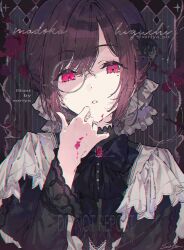  1girl black_bow black_bowtie black_dress black_flower black_sleeves blood blood_on_face blood_on_hands bow bowtie brown_hair buttons capelet dress finger_to_cheek finger_to_face flower gem glasses hair_flower hair_ornament hand_up higuchi_madoka idolmaster idolmaster_shiny_colors long_sleeves looking_at_viewer mole mole_under_eye monocle pink_eyes puffy_sleeves red_gem round_eyewear short_hair solo soriya upper_body white_capelet 
