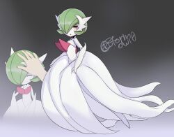  2others absurdres artist_name bob_cut closed_eyes colored_skin dress elbow_gloves gardevoir gloves green_hair hair_over_one_eye headpat highres mega_gardevoir mega_pokemon multiple_others multiple_views pink_eyes pokemon pokemon_(creature) signature smile stormowl0 white_dress white_gloves white_skin 