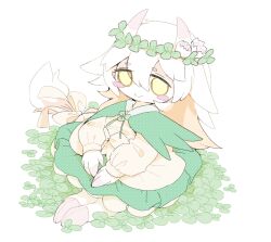  1girl animal_feet animal_hands blush_stickers borrowed_character bow capelet check_copyright clover clover_hair_ornament colored_inner_hair commentary_request copyright_request dress frilled_dress frills fur-trimmed_capelet fur_trim green_bow green_capelet hair_between_eyes hair_ornament highres horns long_hair long_sleeves multicolored_hair multicolored_horns no_nose no_pupils orange_hair original pink_horns smile solo two-tone_horns white_hair white_horns winte yellow_dress yellow_eyes yellow_sleeves 