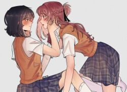 2girls absurdres black_hair black_skirt blue_eyes blush braid brown_hair brown_sweater_vest closed_mouth commentary earrings english_commentary eye_contact grey_background half_up_braid hand_on_another's_face highres jewelry long_hair looking_at_another medium_hair miyagi_shiori multiple_girls parted_lips plaid_clothes plaid_skirt pleated_skirt school_uniform sendai_hazuki shirt shuuniichido_classmate_wo_kau_hanashi simple_background skirt stud_earrings sweater_vest twitter_username uyvnvy violet_eyes white_shirt yuri 