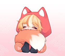  1girl :3 =_= animal_hood biting_own_tail black_jacket blonde_hair character_request chibi_focus closed_eyes commentary copyright_request highres hood hood_up jacket multicolored_hair paw_shoes pink_background simple_background sitting smile solo streaked_hair tail untranslatable_commentary yoshiiteru 
