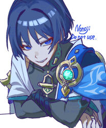  1boy anemo_symbol_(genshin_impact) armor artist_name black_hair blue_cape blue_eyes blue_sleeves blunt_ends boots bridal_gauntlets bright_pupils cape choppy_bangs commentary covered_collarbone crossed_arms eyeliner furisode gem genshin_impact gold gold_ring green_gem grey_boots grey_bridal_gauntlets japanese_armor japanese_clothes kimono kote kurokote layered_sleeves looking_at_viewer makeup male_focus middle_ring nonoji_(nonoji_ekaki) open_clothes open_kimono parted_lips pom_pom_(clothes) portrait red_eyeliner scaramouche_(genshin_impact) short_sleeves shoulder_peek side_cape smile solo tsurime wanderer_(genshin_impact) watermark white_background white_kimono white_mouth white_pupils white_sleeves white_trim 