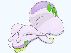  1other closed_eyes closed_mouth goodra highres lure_luree lying no_humans on_stomach pokemon pokemon_(creature) pokemon_focus shadow sleeping slime_(substance) solo solo_focus uwu white_background zzz 