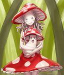  1girl :d bare_shoulders blush_stickers cowboy_shot dress eriance hat holding long_hair looking_at_viewer mushroom mushroom_girl no_pupils open_mouth original personification red_nails sleeveless sleeveless_dress smile standing white_hair white_skin 