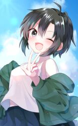  1girl :d antenna_hair black_eyes black_hair blue_skirt blue_sky blush clouds cloudy_sky commentary_request double-parted_bangs green_jacket hair_between_eyes highres idolmaster jacket kikuchi_makoto looking_at_viewer mani_(manidrawings) midriff_peek off_shoulder one_eye_closed open_clothes open_jacket pleated_skirt short_hair sidelocks skirt sky smile solo tank_top upper_body w white_tank_top 