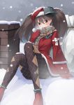  1girl brown_hair christmas gloves hat kantai_collection long_hair looking_at_viewer nueco pantyhose red_eyes red_gloves ribbon ryuujou_(kantai_collection) santa_hat scarf sitting snow solo tears trembling twintails 
