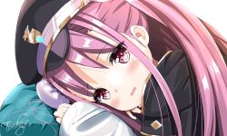  1girl anime_coloring black_cape black_hat blush bun_cover cape commentary cushion double_bun from_side hair_between_eyes hair_bun hat heaven_burns_red highres kunimi_tama leaning_forward light_frown long_hair looking_at_viewer military_hat open_mouth peaked_cap pink_eyes pink_hair pink_pupils signature simple_background sleeves_past_wrists solo straight_hair torikaze785 white_background 