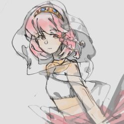  1girl arabian_clothes bare_arms bare_shoulders braid brown_eyes chinese_commentary cloak closed_mouth commentary_request cowboy_shot crop_top expressionless eyelashes floating_clothes gold_necklace grey_background hairband high-waist_skirt hood hood_up hooded_cloak infinity_nikki jewelry light_frown looking_at_viewer midriff necklace nikki_(nikki) nikki_(series) pink_hair purifying_wind_(infinity_nikki) qiuqi629 red_skirt see-through_clothes see-through_hood shirt short_hair side_braids simple_background skirt sleeveless sleeveless_shirt solo twin_braids vertical-striped_hairband white_cloak white_shirt wind yellow_hairband 