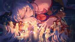  1girl animal_ears blue_eyes blush bubble chinese_commentary cho_kaguya-hime! collarbone commentary_request fox_ears fox_shadow_puppet fox_tail glowing hair_ornament hair_rings hair_stick halterneck head_on_arm highres holding_another's_wrist holding_hands kaguya_(cho_kaguya-hime!) long_hair long_shirt long_sleeves lop_rabbit_ears mixed-language_commentary multicolored_hair pink_hair rabbit_ears runami_yachiyo sakayori_iroha sanmu side_ponytail smile solo tail twintails two-tone_hair very_long_hair white_hair wide_sleeves 