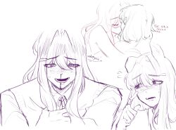  1girl animal_ears averting_eyes bandaid bandaid_on_hand blood blood_on_face blush closed_eyes collared_shirt dog_ears dog_girl doki_doki_literature_club english_text flying_sweatdrops furrowed_brow hair_between_eyes hair_intakes hand_up highres index_finger_raised kiss long_hair long_sleeves natsuki_(doki_doki_literature_club) nervous nosebleed one_ear_down parted_lips pockiseisont shirt sidelocks simple_background sketch smile solo speech_bubble sweater_vest white_background yuri yuri_(doki_doki_literature_club) 