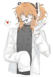  1girl :d adachi_rei commentary glasses gloves headlamp headset heart highres holding holding_syringe lab_coat lens_eye orange_eyes orange_hair oversized_clothes pealerprpr ribbon side_ponytail simple_background smile spoken_heart syringe utau white_ribbon 