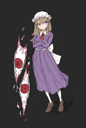  1girl back_bow blonde_hair bow brown_shoes closed_mouth collared_dress commentary contrast_collar crossed_arms dress gap_(touhou) grey_background hair_between_eyes hat highres kashiwada_kiiho large_bow long_hair long_sleeves maribel_hearn mob_cap neck_ribbon purple_dress red_ribbon ribbon sash shoes solo standing touhou violet_eyes white_bow white_hat white_sash 
