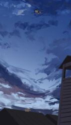  1girl absurdres bird_wings black_hair black_skirt blue_sky camera cat closed_mouth clouds cloudy_sky commentary dauchimk_1 english_commentary facing_ahead flying from_below full_body geta highres holding holding_camera outdoors pom_pom_hat_ornament puffy_short_sleeves puffy_sleeves red_eyes red_shoes shameimaru_aya shirt shoes short_hair short_sleeves skirt sky solo star_(sky) starry_sky tengu-geta tile_roof touhou unfinished white_shirt wide_shot wings 