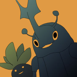  commentary heracross limited_palette looking_ahead no_humans oddish open_mouth pokemon pokemon_(creature) saboteri_(savot) simple_background yellow_background 