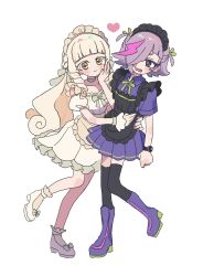  2girls bare_shoulders black_thighhighs blunt_bangs blush boots bow bowtie choker closed_mouth collared_dress commentary_request dark_chii detached_sleeves dot_nose dress full_body green_bow green_bowtie hair_bow heart highres himitsu_no_aipri long_hair looking_at_another looking_at_viewer maid_headdress multicolored_hair multiple_girls open_mouth pink_streaks pnt_0202 pretty_series purple_boots purple_dress purple_hair shoes short_hair short_sleeves simple_background sleeveless sleeveless_dress smile socks standing standing_on_one_leg streaked_hair suzukaze_tsumugi_(princess_aipri) thigh-highs two_side_up violet_eyes watch watch white_background white_choker white_dress white_shoes white_sleeves wrist_cuffs yellow_eyes yellow_socks zettai_ryouiki 