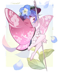  1girl absurdres barefoot bowl bowl_hat commentary_request falling_petals floral_print floral_print_kimono flower flower_request full_body hair_flower hair_ornament hat highres holding holding_needle japanese_clothes kimono long_sleeves looking_at_viewer mini_person minigirl needle open_mouth petals pink_kimono print_kimono purple_flower purple_hair purple_petals red_eyes samon_(vxxr8575) short_hair solo sukuna_shinmyoumaru toes touhou wide_sleeves 