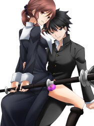  1boy 1girl black_hair black_jacket black_pants boots breasts brown_boots brown_eyes brown_hair buttons commentary_request gakuran hand_on_another's_waist highres holding holding_behind_back holding_polearm holding_polearm_behind_back holding_weapon holding_weapon_behind_back jacket looking_at_viewer noel_(tsukihime) nun pants polearm school_uniform scrunchie shirt side_ponytail sideboob sitting sitting_on_lap sitting_on_person smile souya_high_school_uniform thighs tohno_shiki tsukihime tsukihime_(remake) tunic vent_vert_(kuuya) weapon white_shirt wing_collar 