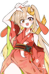  1girl absurdres animal_ears arm_up blonde_hair brown_eyes brown_hair cho_kaguya-hime! colored_inner_hair commentary crescent crescent_hair_ornament egasumi hair_ornament highres japanese_clothes kaguya_(cho_kaguya-hime!) kei_(k_eii0) kimono long_hair multicolored_hair open_mouth rabbit_ears rabbit_girl red_kimono simple_background solo teeth upper_teeth_only w white_background 