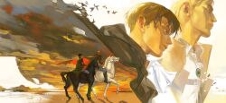 2boys absurdres bilingual_commentary black_hair black_horse blonde_hair boots brown_boots brown_jacket cape chinese_commentary clouds collared_shirt commentary commentary_request double_exposure english_commentary erwin_smith gem green_cape green_gem highres holding holding_reins horseback_riding jacket jewelry levi_(shingeki_no_kyojin) li_2_cun looking_ahead male_focus mixed-language_commentary multiple_boys multiple_views necklace pants reins riding shadow shingeki_no_kyojin shirt short_hair simple_bird sunlight sunrise survey_corps_(emblem) white_horse white_pants white_shirt 