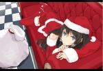  1girl black_hair blue_eyes christmas couch detached_sleeves dutch_angle from_above hat long_hair looking_at_viewer lying miruto_netsuki on_stomach original pleated_skirt santa_costume santa_hat skirt solo 