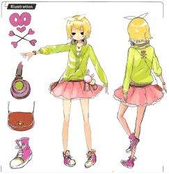  1girl bag chiho concept_art green_jacket hair_ribbon headphones headphones_around_neck heart jacket kagamine_rin kagamine_rin_(melancholy) official_alternate_costume pink_shoes pink_skirt project_diva_(series) red_bag ribbon satchel shoes skirt skull_and_crossbones sneakers white_background white_ribbon 