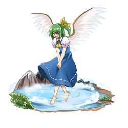  1girl ascot barefoot blue_dress blue_eyes bow break~ chinese_commentary commentary_request daiyousei dress embodiment_of_scarlet_devil fairy fairy_wings full_body green_hair hair_bow highres open_mouth pinafore_dress puffy_short_sleeves puffy_sleeves shirt short_sleeves sleeveless sleeveless_dress solo toes touhou water white_shirt wings yellow_ascot yellow_bow 