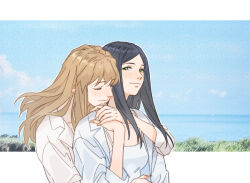  2girls black_hair blue_sky blush border brown_hair camisole closed_eyes closed_mouth collared_shirt commentary_request dated fujino_shizuru green_eyes guri_gom hand_on_another's_waist happy_birthday head_on_another's_shoulder holding_hands horizon hug hug_from_behind korean_commentary kuga_natsuki long_hair multiple_girls my-hime ocean open_clothes open_shirt outdoors shirt sky smile white_background white_border white_camisole yuri 