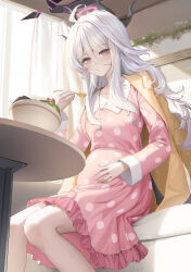  1girl absurdres ahoge aya_san black_halo black_horns blue_archive breasts cardigan cardigan_on_shoulders couch curtains demon_girl demon_horns demon_wings dress eating from_below hair_between_eyes halo highres hina_(blue_archive) hina_(pajamas)_(blue_archive) holding holding_spoon horns implied_pregnancy indoors jacket jewelry long_hair long_sleeves looking_at_viewer looking_down multiple_horns official_alternate_costume on_couch pajamas parted_bangs pink_pajamas polka_dot polka_dot_dress polka_dot_pajamas polka_dot_shirt purple_halo ring salad salad_bowl shirt sidelocks small_breasts solo spoon table very_long_hair violet_eyes white_hair window wings yellow_cardigan yellow_jacket 
