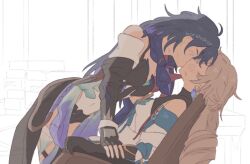  2girls ahoge artist_name bandana bare_shoulders black_bodystocking black_cape black_gloves black_hair black_shorts black_sleeves black_tank_top blush bodystocking breasts bronya_rand cape chair closed_eyes closed_mouth colored_inner_hair commentary couple covered_navel cowboy_shot crop_top detached_sleeves dress drill_hair earrings english_commentary fingerless_gloves from_side gloves grey_hair hair_between_eyes honkai:_star_rail honkai_(series) indoors jewelry kiss korshokor leotard long_hair long_sleeves medium_breasts multicolored_hair multiple_girls no_eyes on_chair purple_bandana purple_hair seele_(honkai:_star_rail) short_shorts shorts sitting sleeveless sleeveless_dress standing sweatdrop tank_top thigh_strap waist_cape white_dress white_leotard white_sleeves wristband yuri 