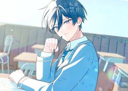  1boy absurdres blue_eyes blue_hair blue_jacket blue_necktie closed_mouth commentary desk ensemble_stars! hair_between_eyes hidaka_hokuto highres holding holding_pencil indoors jacket long_sleeves looking_at_viewer male_focus necktie olen_0710 pencil school_desk school_uniform short_hair smile upper_body yumenosaki_school_uniform 