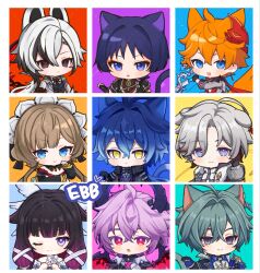  3girls 6+boys :p ahoge animal_ears aqua_hair arlecchino_(genshin_impact) armor black_bodysuit black_bow black_coat black_collar black_eyes black_gloves black_hair black_hands black_horns black_kimono black_sleeves black_vest blue_coat blue_eyes blue_hair blue_shirt blunt_bangs blunt_ends bodysuit bow bow_(weapon) bowtie bright_pupils brown_hair cat_boy cat_ears cat_tail chest_jewel chibi chibi_only choppy_bangs closed_mouth coat collar colored_extremities columbina_(genshin_impact) column_lineup commentary_request contrast_collar crimson_moon's_semblance_(genshin_impact) crossed_bangs curtained_hair detached_collar detached_sleeves diamond-shaped_pupils diamond_(shape) dog_boy dog_ears dragon_boy dragon_horns dragon_wings dress durin_(genshin_impact) ear_piercing earrings ebinu2215 empty_eyes eyeliner eyeshadow facial_mark fang flins_(genshin_impact) forehead_mark fox_boy fox_ears fox_tail frilled_sleeves frills fur-trimmed_coat fur_trim gem genshin_impact gloves gold grey_coat grey_eyeshadow grey_hair grey_sleeves grid_lineup hair_between_eyes hair_bow hair_intakes hair_ornament hair_ribbon hand_up harness heart-shaped_gem high_collar highres holding holding_bow_(weapon) holding_lantern holding_weapon horns illuga_(genshin_impact) index_finger_raised japanese_armor japanese_clothes jewelry juban kimono kote kurokote lantern lapels layered_sleeves lineup lohen_(genshin_impact) long_hair long_sleeves looking_at_viewer makeup mask mask_on_head mitsudomoe_(shape) mole mole_under_eye multicolored_hair multiple_boys multiple_girls multiple_wings neck_ring o-ring o-ring_harness off_shoulder one_eye_closed open_clothes open_coat open_kimono orange_hair piercing pink_gem pink_hair polar_star_(genshin_impact) purple_hair purple_rope purple_sleeves rabbit_ears rabbit_girl rattail red_eyeliner red_eyes red_gem red_kimono red_mask red_pupils red_wings ribbed_sweater ribbon ringed_eyes rope sandrone_(genshin_impact) scaramouche_(genshin_impact) scythe shimenawa shirt short_hair short_hair_with_long_locks short_sleeves sidelocks single_hair_intake single_sode skin_fang smile streaked_hair striped_sleeves sweater swept_bangs symbol-shaped_pupils tail tartaglia_(genshin_impact) tassel tomoe_(symbol) tongue tongue_out tress_ribbon tsurime undershirt vest violet_eyes weapon white_bow white_bowtie white_coat white_dress white_gloves white_hair white_headdress white_kimono white_pupils white_ribbon white_rope white_sleeves white_wings winding_key wing_hair_ornament wings x-shaped_pupils yellow_eyes yellow_sleeves 