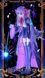  1girl bb_(fate) bb_(fate/extra) black_background black_boots black_coat black_skirt boots border bow bright_pupils character_name closed_mouth coat collared_shirt commentary english_text fate/grand_order fate_(series) full_body gloves hair_bow heart highres holding holding_pointer long_hair long_sleeves looking_at_object looking_down moon_cell_core_(fate) mystical_high_collar neck_ribbon open_clothes open_coat ornate_border pointer purple_hair red_bow red_ribbon ribbon shirt skirt solo standing thigh_boots untranslatable_commentary violet_eyes white_gloves white_pupils white_shirt wide_sleeves woong.i 