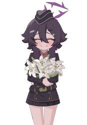  1girl belt beret blue_archive blush closed_eyes collared_shirt commentary_request cowboy_shot flower hair_between_eyes hair_ornament hairclip halo haruka_(blue_archive) hat highres holding holding_flower jacket lily_(flower) long_bangs long_sidelocks long_sleeves medium_hair metronomechan military_hat pleated_skirt puffy_long_sleeves puffy_sleeves purple_hair purple_halo purple_jacket purple_skirt red_shirt red_trim shirt sidelocks simple_background skirt smile solo white_background white_flower 