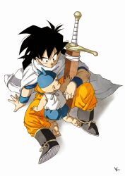  2boys aged_down arm_support baby barefoot black_boots black_hair blue_hat boots cape cloak closed_mouth commentary_request dragon_ball dragon_ball_z full_body hat highres kakeru_(dbskakeru) knee_up long_hair looking_at_another low_ponytail multiple_boys orange_dougi orange_pants pants ponytail sash signature sitting smile son_gohan spiky_hair sword toriyama_akira_(style) trunks_(dragon_ball) weapon white_background white_cape white_cloak wristband 